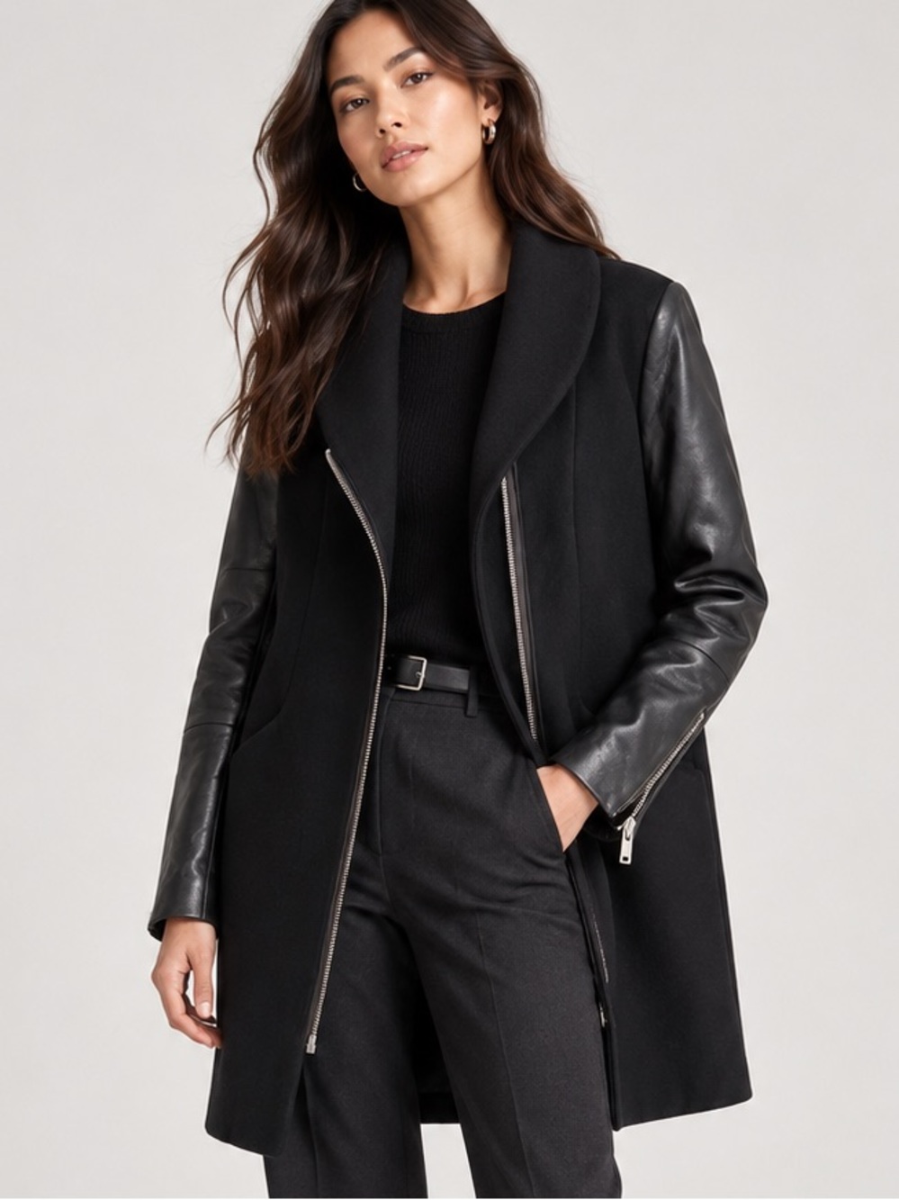 Wilfred Wool Cashmere Lambskin Moto Cocoon Coat Black M